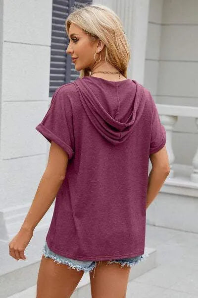 Half Button Drawstring Short Sleeve Hooded T-Shirt Women's T-Shirts - Tophatter Daily Deals